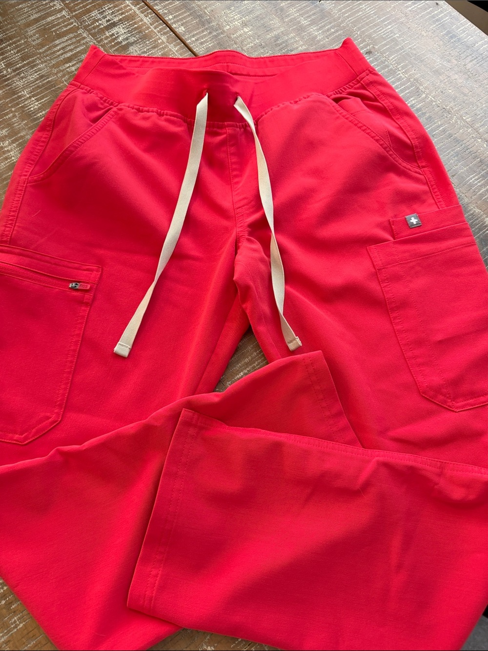 Figs Red Straight-Leg Cargo Scrub Pants with Cream Drawstring